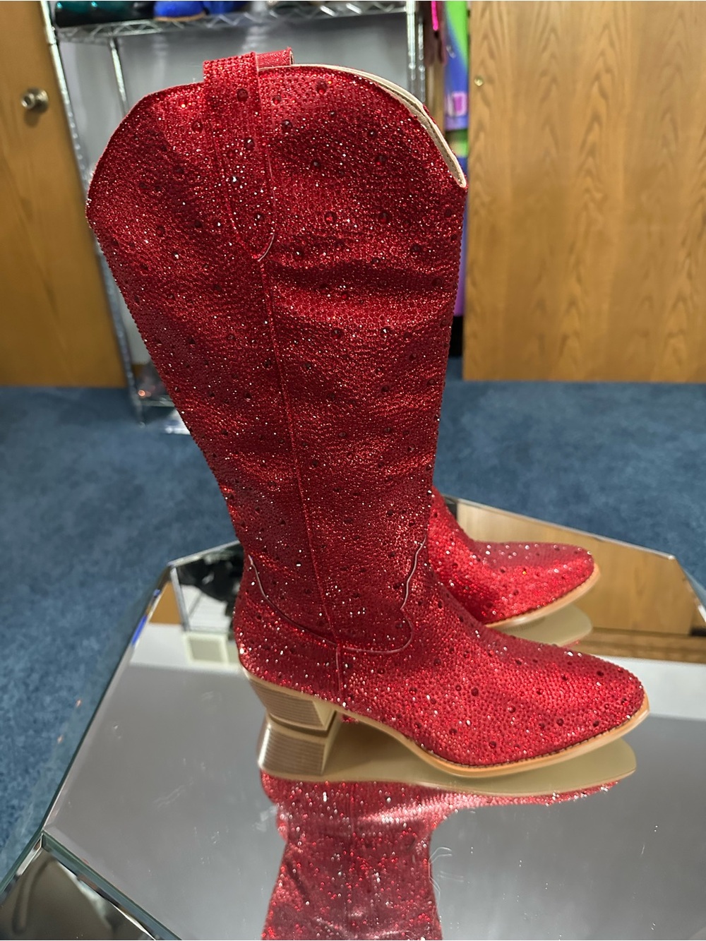 Women's Red Embellished Mid-Calf Heeled Boots. Rhinestone - Picture 2 of 9